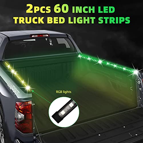 Duewot LED RGB Truck Bed Light Strip, 2PCS 60'' 5050-SMD Bed Strip Kit with Sound-Activated Function, Blade Fuse Splitter Extension Cable, for Cargo, Pickup, Truck, SUV, RV, Boat (White+RGB)